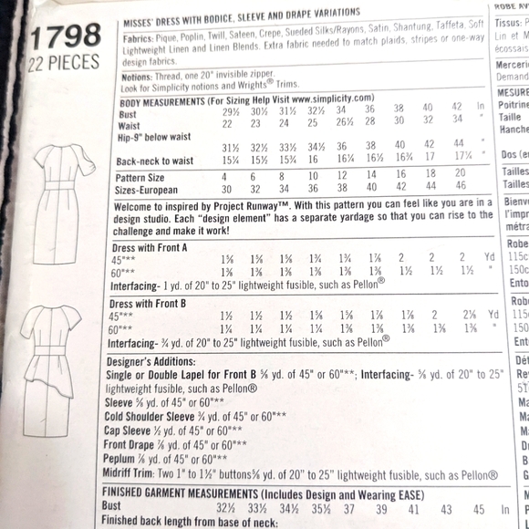 Simplicity 1798 size P5 12,14,16,18,20 dress pattern ONLY - Picture 3 of 3